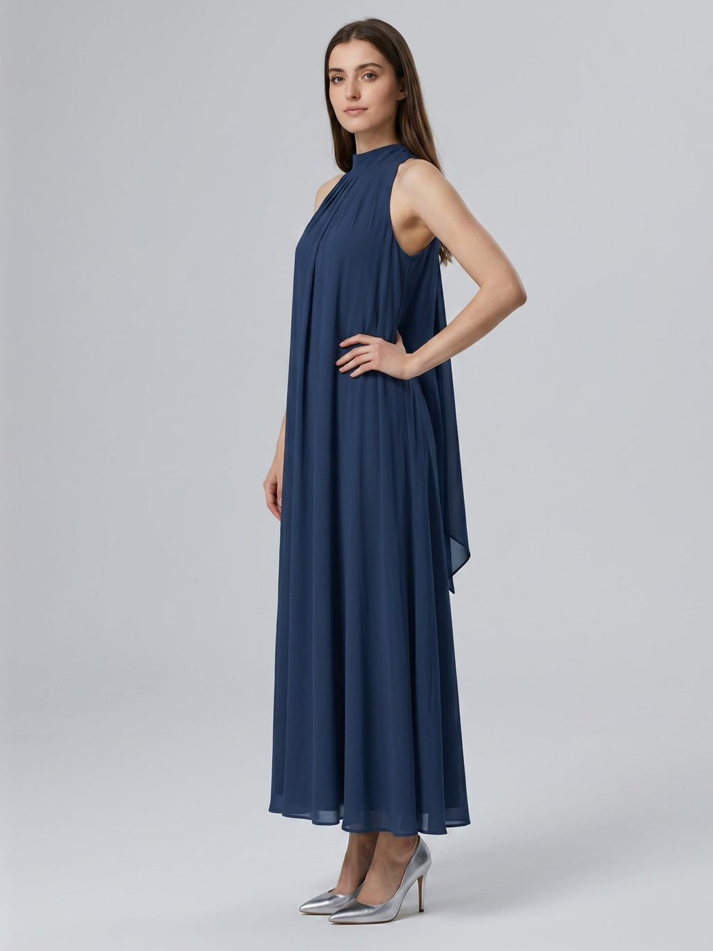 Navy Blue Chiffon Sheath Scoop Neck Lace-up Ankle-Length Bridesmaid Dress - Curvevia
