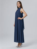 Navy Blue Chiffon Sheath Scoop Neck Lace-up Ankle-Length Bridesmaid Dress - Curvevia