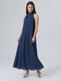 Navy Blue Chiffon Sheath Scoop Neck Lace-up Ankle-Length Bridesmaid Dress - Curvevia
