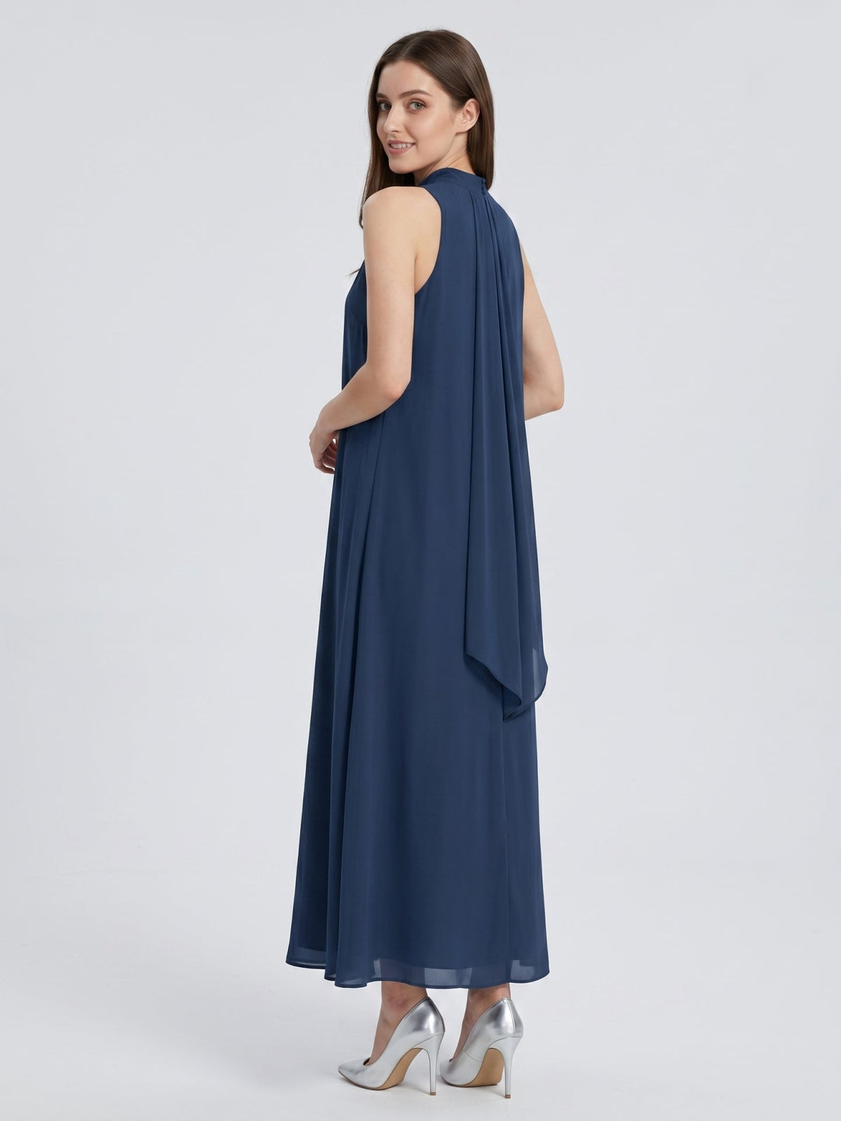 Navy Blue Chiffon Sheath Scoop Neck Lace-up Ankle-Length Bridesmaid Dress - Curvevia