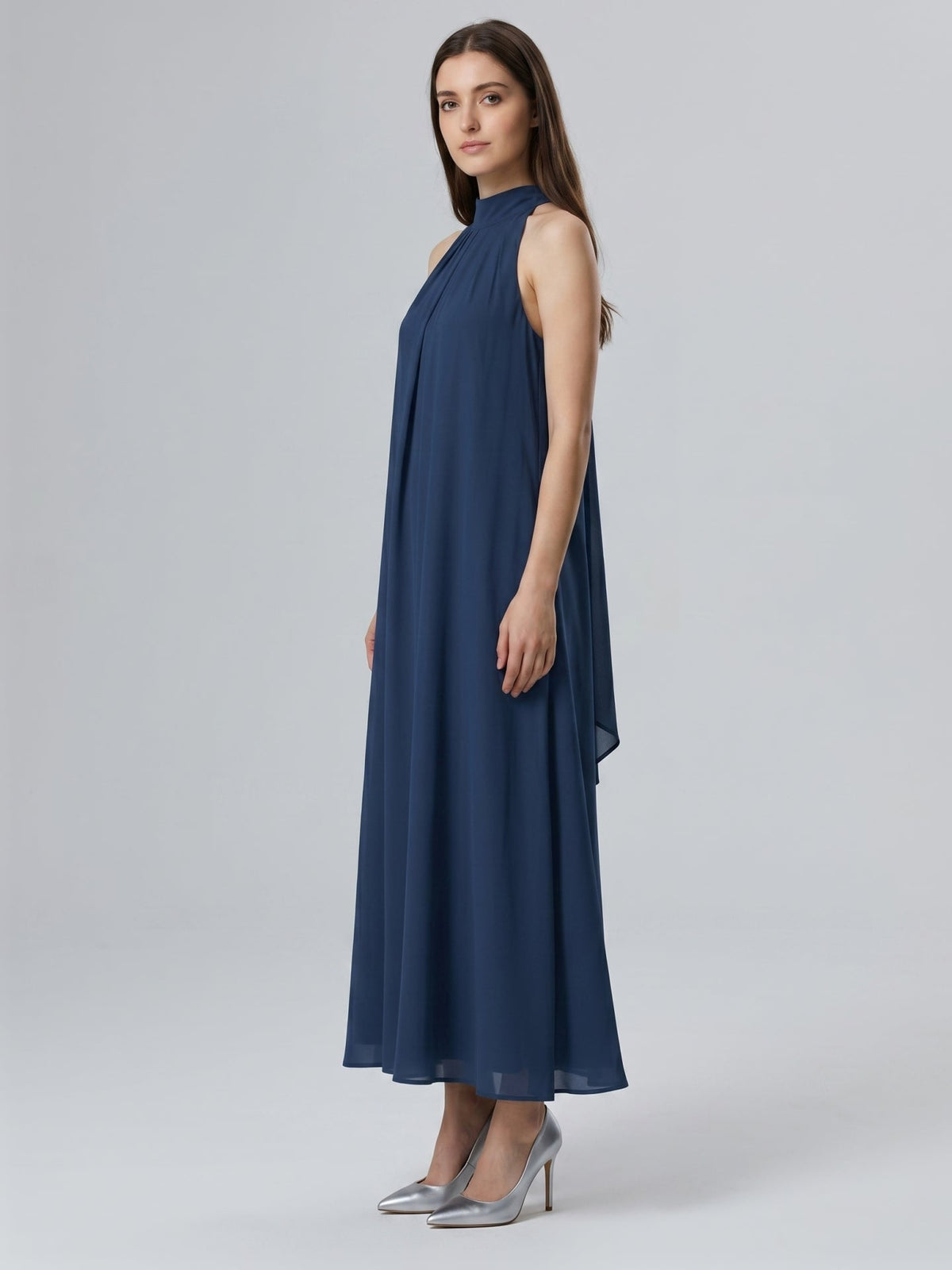 Navy Blue Chiffon Sheath Scoop Neck Lace-up Ankle-Length Bridesmaid Dress - Curvevia