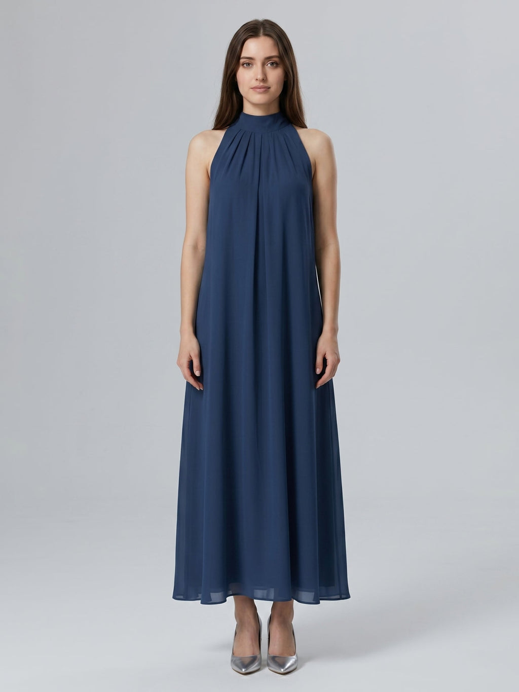 Navy Blue Chiffon Sheath Scoop Neck Lace-up Ankle-Length Bridesmaid Dress - Curvevia