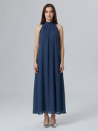 Navy Blue Chiffon Sheath Scoop Neck Lace-up Ankle-Length Bridesmaid Dress - Curvevia