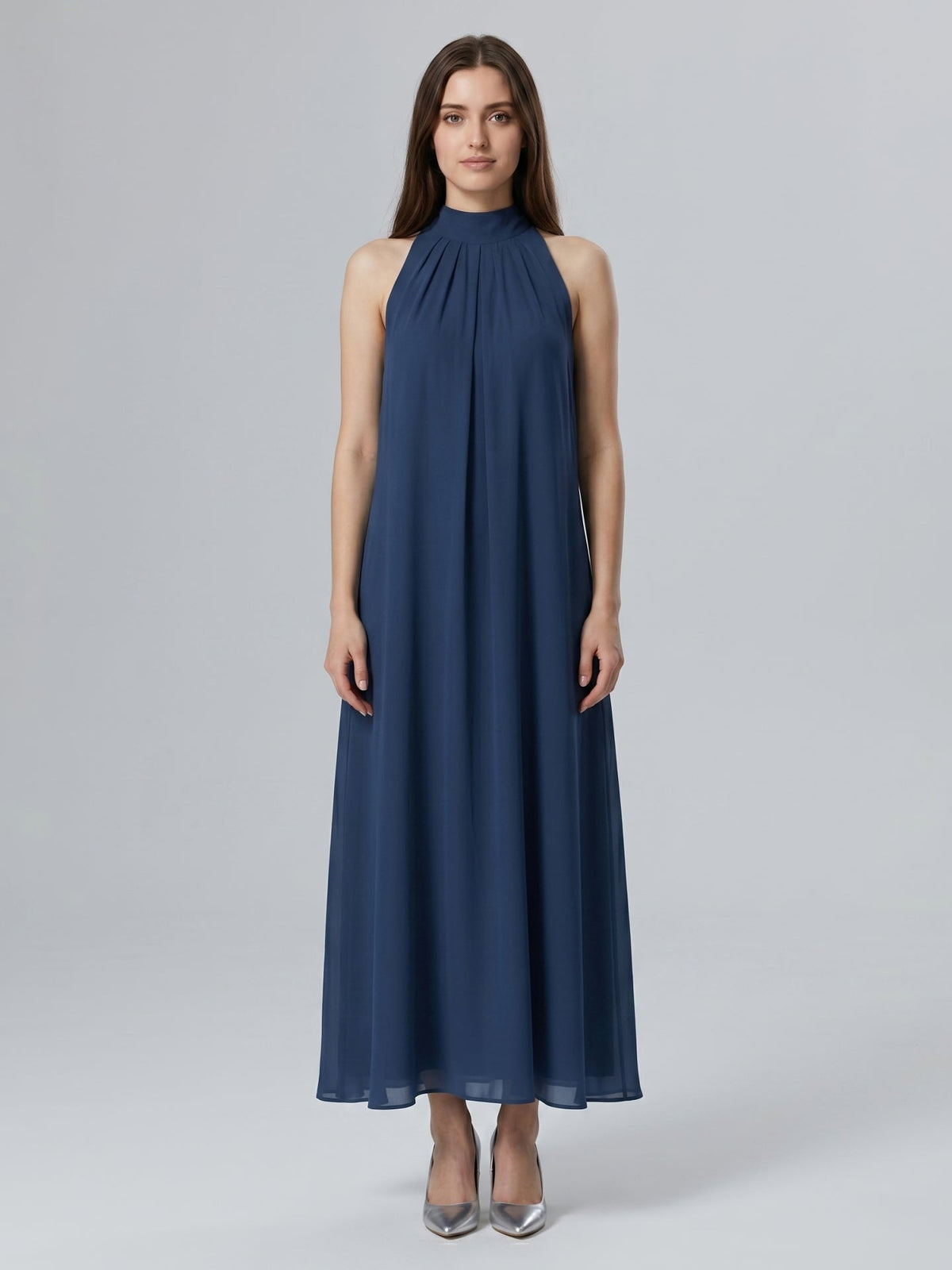 Navy Blue Chiffon Sheath Scoop Neck Lace-up Ankle-Length Bridesmaid Dress - Curvevia