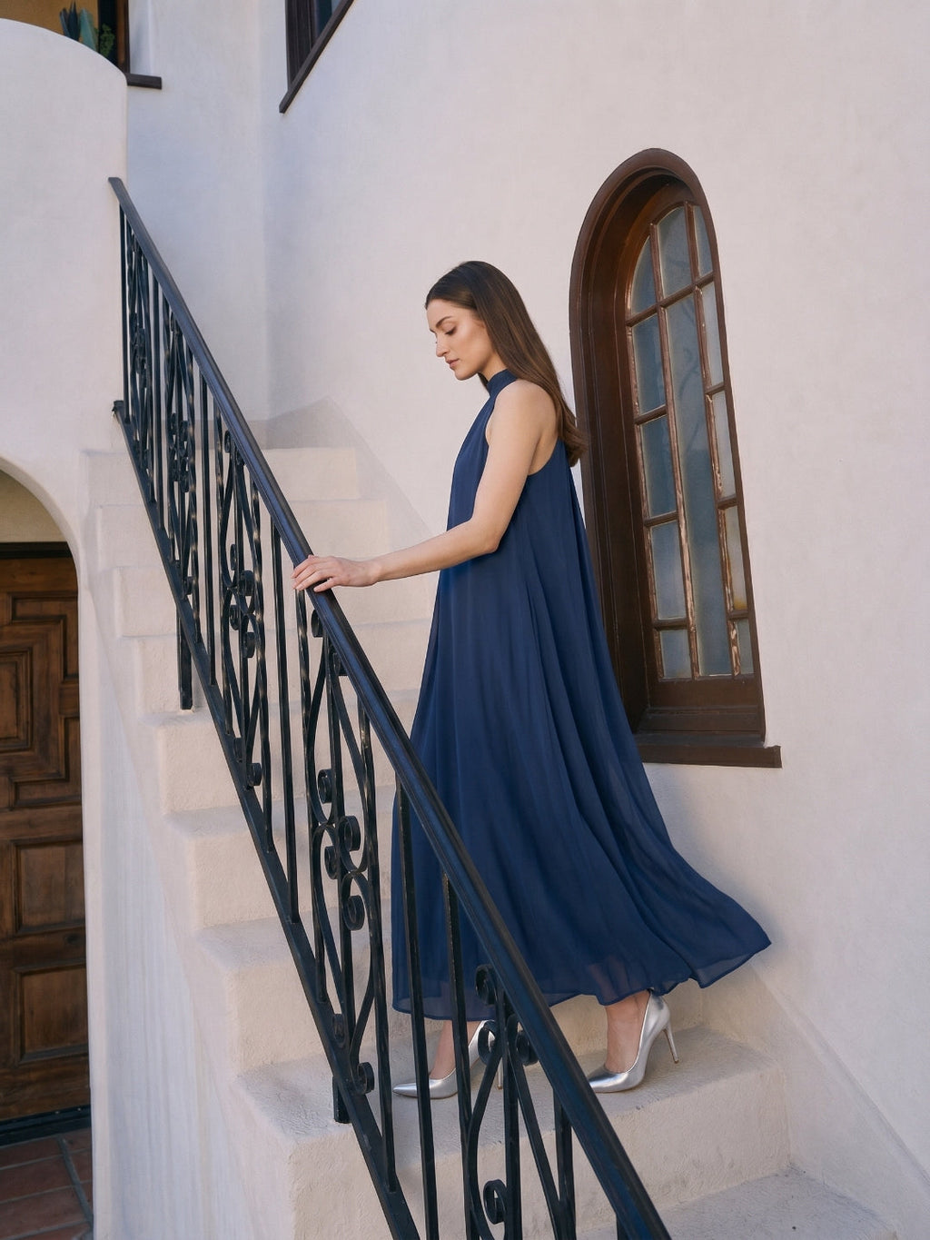 Navy Blue Chiffon Sheath Scoop Neck Lace-up Ankle-Length Bridesmaid Dress - Curvevia