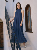 Navy Blue Chiffon Sheath Scoop Neck Lace-up Ankle-Length Bridesmaid Dress - Curvevia