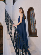 Navy Blue Chiffon Sheath Scoop Neck Lace-up Ankle-Length Bridesmaid Dress - Curvevia