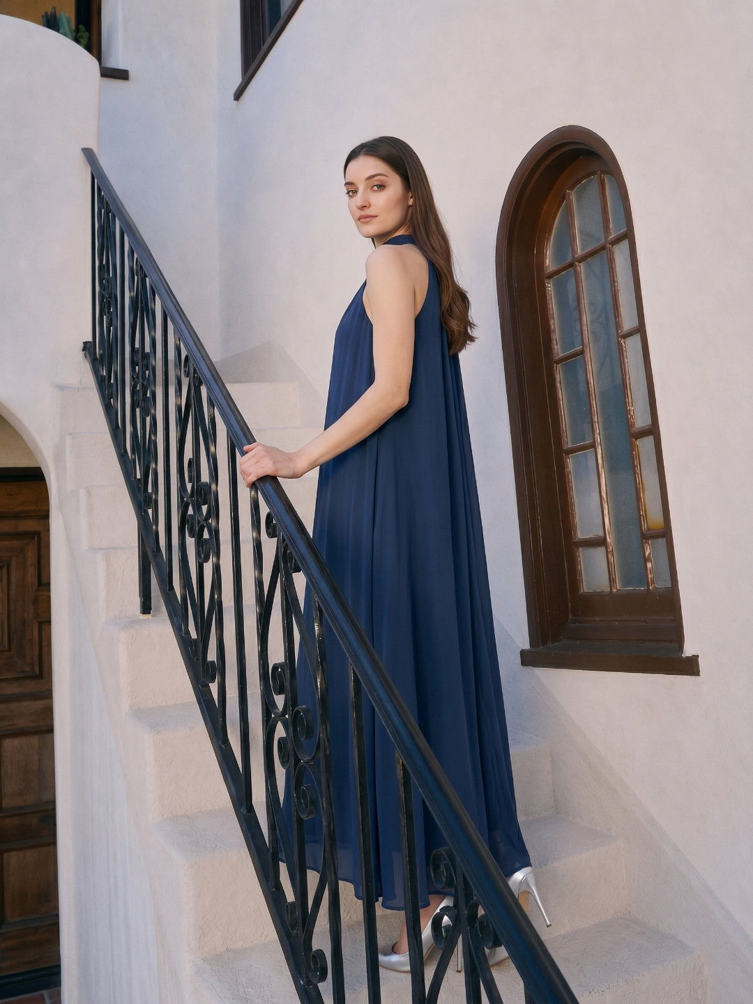 Navy Blue Chiffon Sheath Scoop Neck Lace-up Ankle-Length Bridesmaid Dress - Curvevia