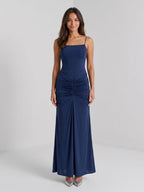 Navy Blue Chiffon Sheath Square Neck Backless Floor-Length Formal Dress with Pleating - Curvevia
