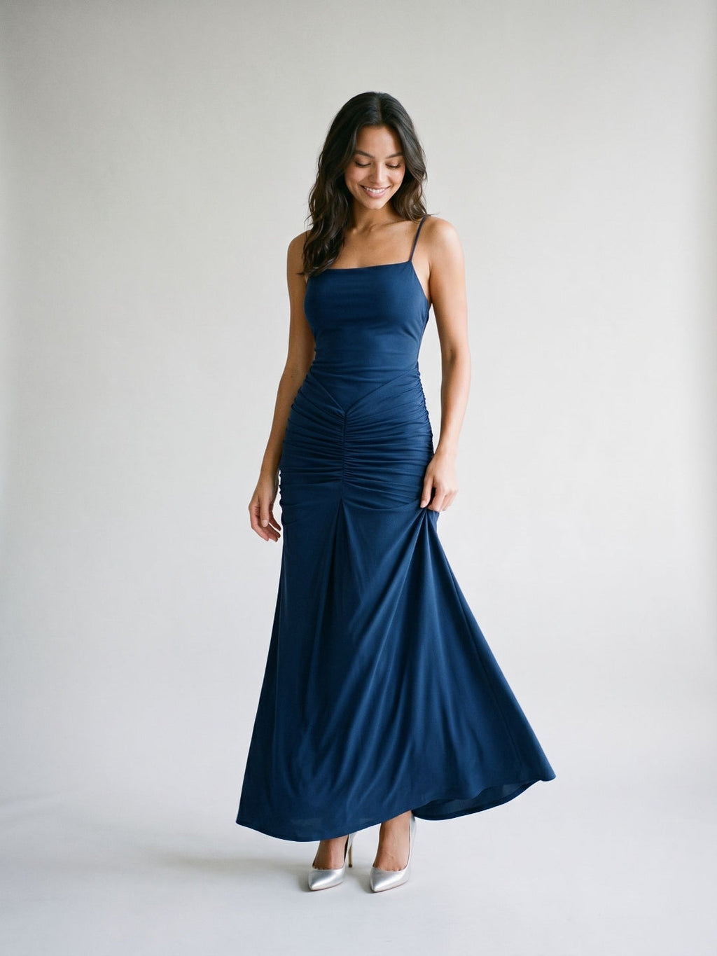 Navy Blue Chiffon Sheath Square Neck Backless Floor-Length Formal Dress with Pleating - Curvevia