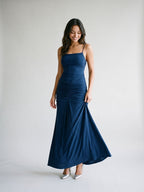 Navy Blue Chiffon Sheath Square Neck Backless Floor-Length Formal Dress with Pleating - Curvevia
