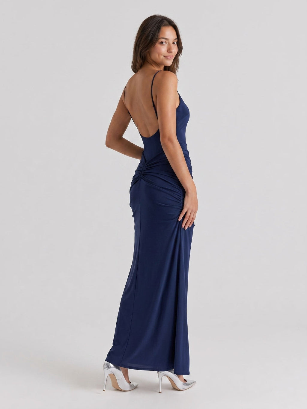 Navy Blue Chiffon Sheath Square Neck Backless Floor-Length Formal Dress with Pleating - Curvevia