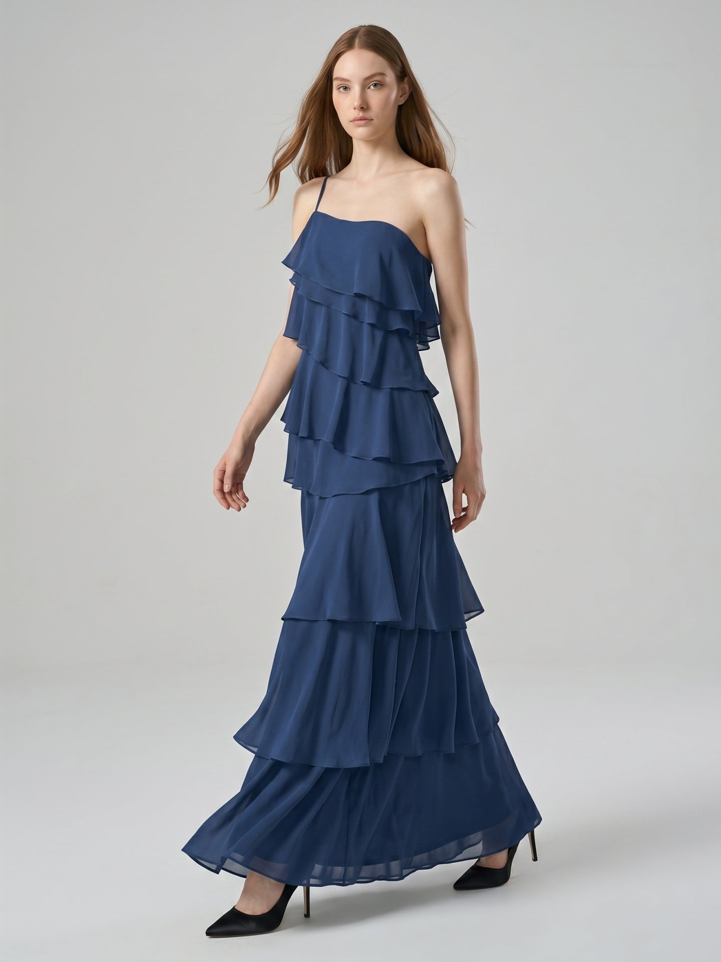 Navy Blue Chiffon Sheath Straight Neck Side Zip Floor-Length Bridesmaid Dress with Ruffles - Curvevia