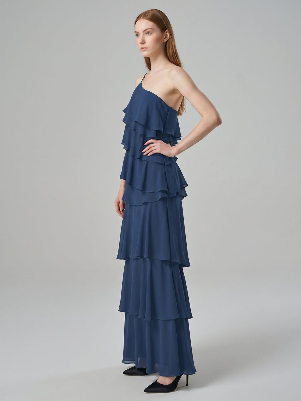 Navy Blue Chiffon Sheath Straight Neck Side Zip Floor-Length Bridesmaid Dress with Ruffles - Curvevia