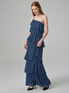 Navy Blue Chiffon Sheath Straight Neck Side Zip Floor-Length Bridesmaid Dress with Ruffles - Curvevia
