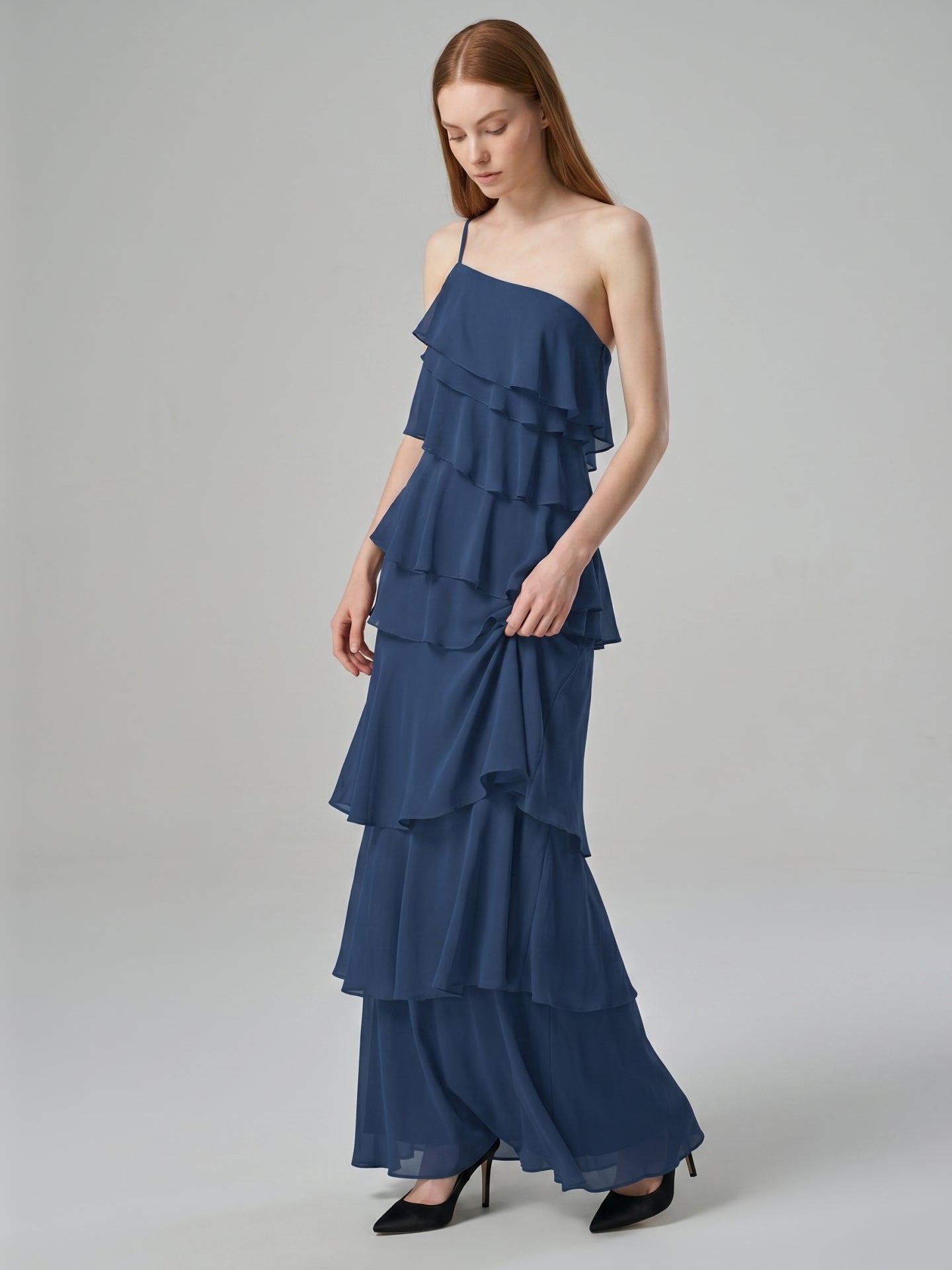 Navy Blue Chiffon Sheath Straight Neck Side Zip Floor-Length Bridesmaid Dress with Ruffles - Curvevia