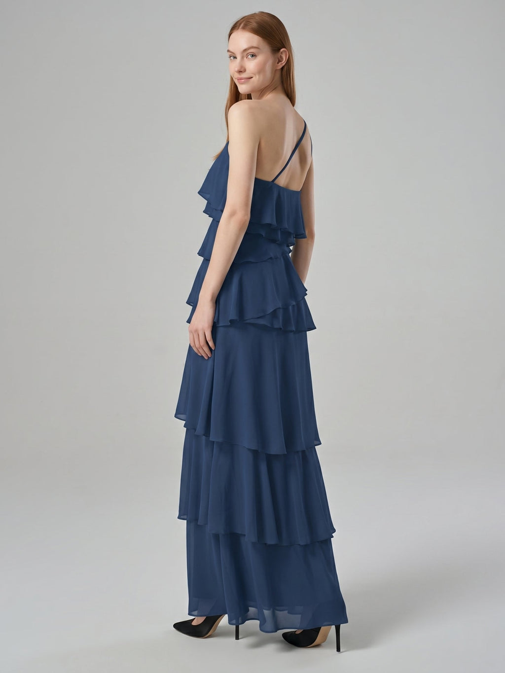 Navy Blue Chiffon Sheath Straight Neck Side Zip Floor-Length Bridesmaid Dress with Ruffles - Curvevia