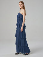 Navy Blue Chiffon Sheath Straight Neck Side Zip Floor-Length Bridesmaid Dress with Ruffles - Curvevia