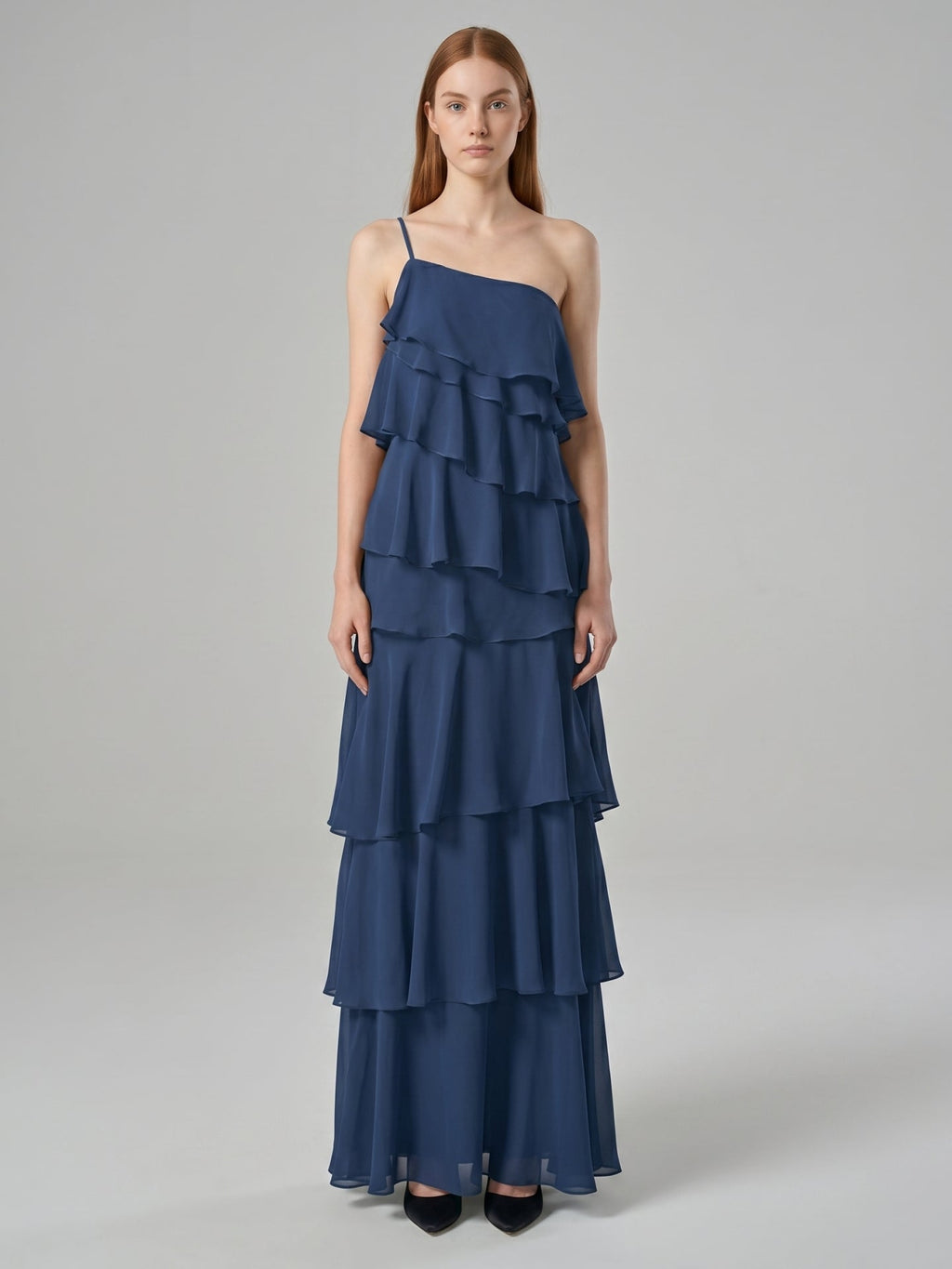 Navy Blue Chiffon Sheath Straight Neck Side Zip Floor-Length Bridesmaid Dress with Ruffles - Curvevia