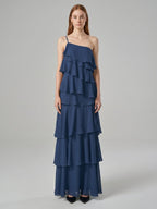 Navy Blue Chiffon Sheath Straight Neck Side Zip Floor-Length Bridesmaid Dress with Ruffles - Curvevia