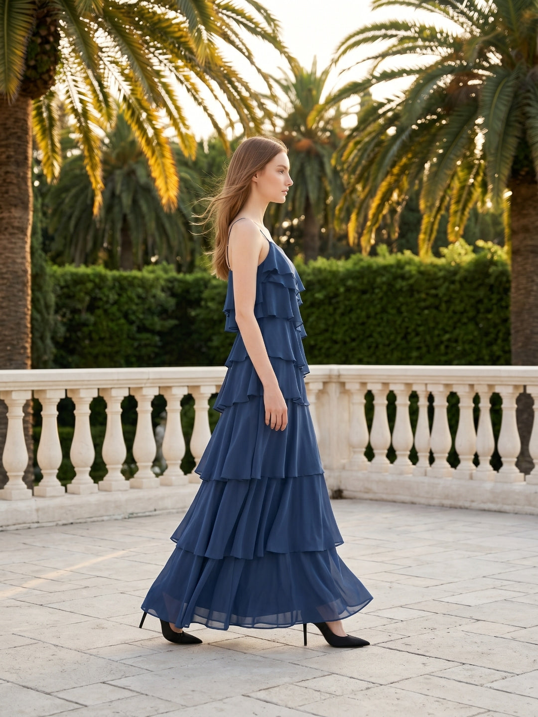 Navy Blue Chiffon Sheath Straight Neck Side Zip Floor-Length Bridesmaid Dress with Ruffles - Curvevia