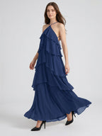 Navy Blue Chiffon column Halter Neckline Floor-Length Bridesmaid Dress with Cascading Ruffles - Curvevia