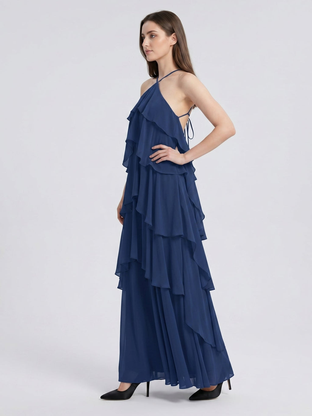 Navy Blue Chiffon column Halter Neckline Floor-Length Bridesmaid Dress with Cascading Ruffles - Curvevia