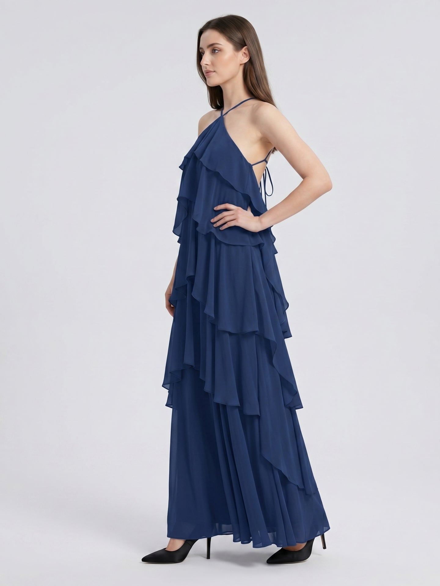 Navy Blue Chiffon column Halter Neckline Floor-Length Bridesmaid Dress with Cascading Ruffles - Curvevia
