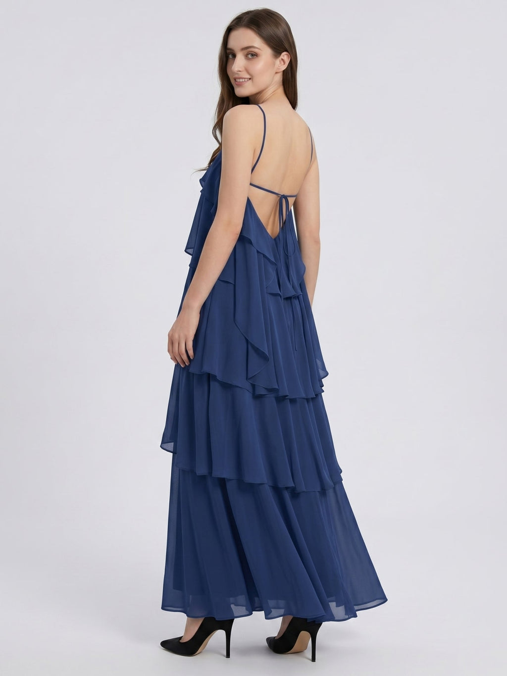 Navy Blue Chiffon column Halter Neckline Floor-Length Bridesmaid Dress with Cascading Ruffles - Curvevia