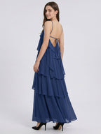 Navy Blue Chiffon column Halter Neckline Floor-Length Bridesmaid Dress with Cascading Ruffles - Curvevia