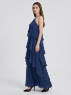 Navy Blue Chiffon column Halter Neckline Floor-Length Bridesmaid Dress with Cascading Ruffles - Curvevia