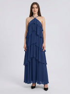 Navy Blue Chiffon column Halter Neckline Floor-Length Bridesmaid Dress with Cascading Ruffles - Curvevia
