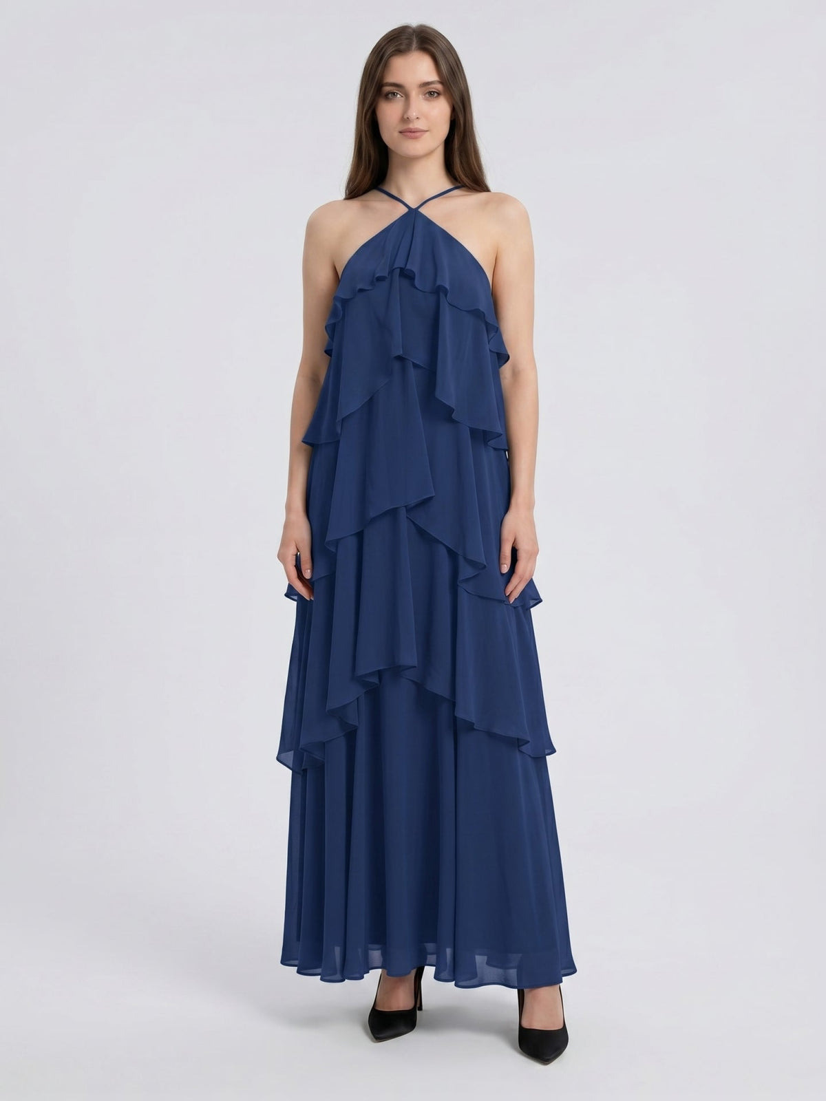 Navy Blue Chiffon column Halter Neckline Floor-Length Bridesmaid Dress with Cascading Ruffles - Curvevia