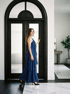 Navy Blue Chiffon column Halter Neckline Floor-Length Bridesmaid Dress with Cascading Ruffles - Curvevia
