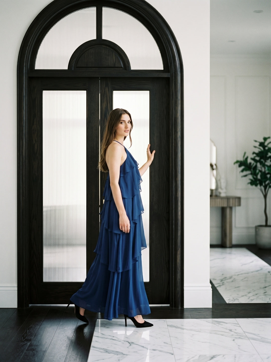 Navy Blue Chiffon column Halter Neckline Floor-Length Bridesmaid Dress with Cascading Ruffles - Curvevia