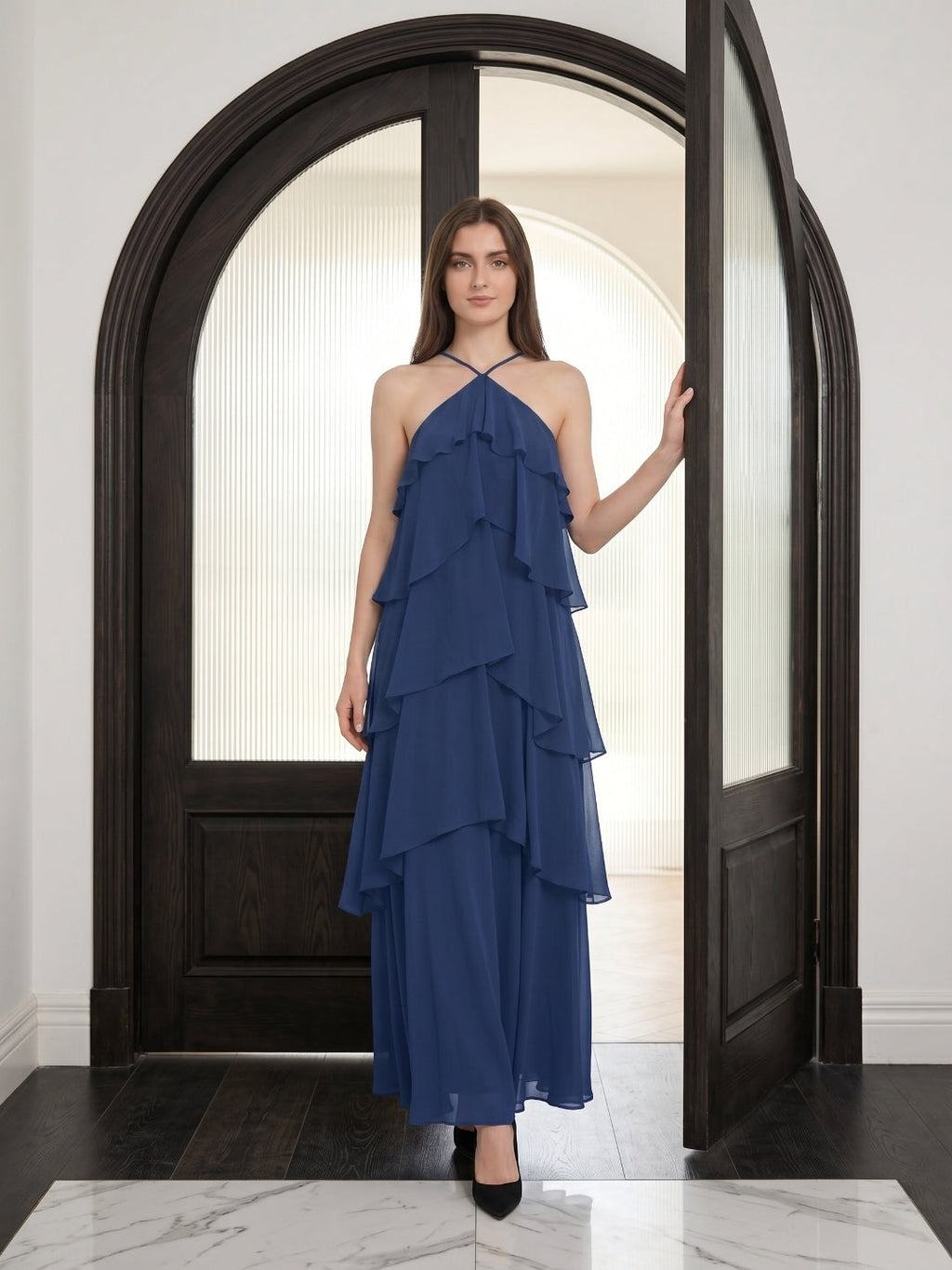 Navy Blue Chiffon column Halter Neckline Floor-Length Bridesmaid Dress with Cascading Ruffles - Curvevia