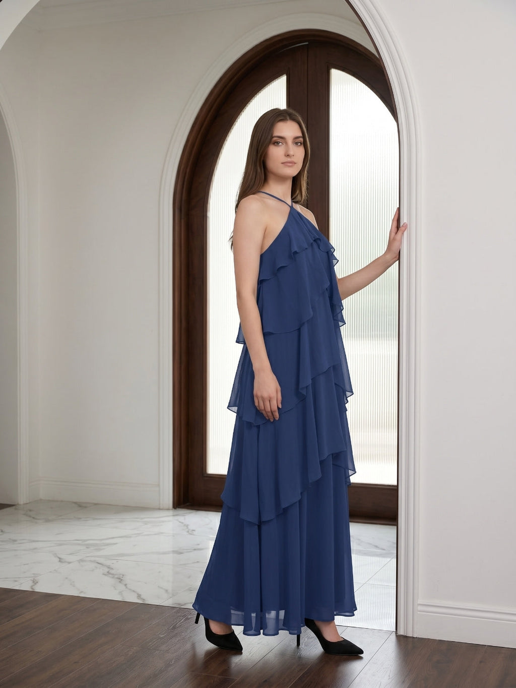 Navy Blue Chiffon column Halter Neckline Floor-Length Bridesmaid Dress with Cascading Ruffles - Curvevia