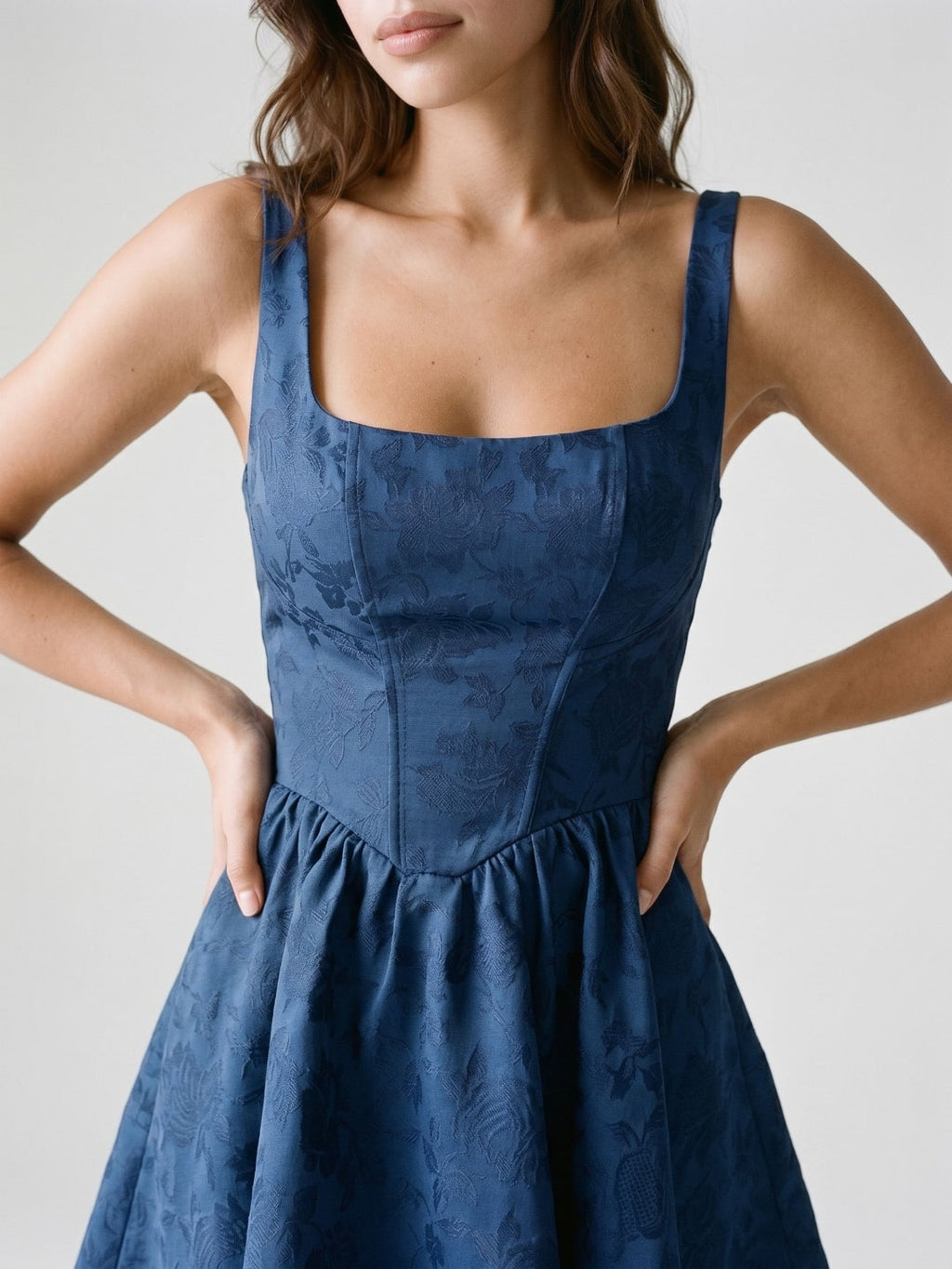 Navy Blue Jacquard A-Line Square Neck Backless Short Dress with Bow - Curvevia