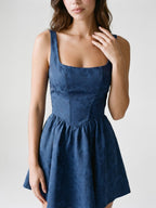 Navy Blue Jacquard A-Line Square Neck Backless Short Dress with Bow - Curvevia