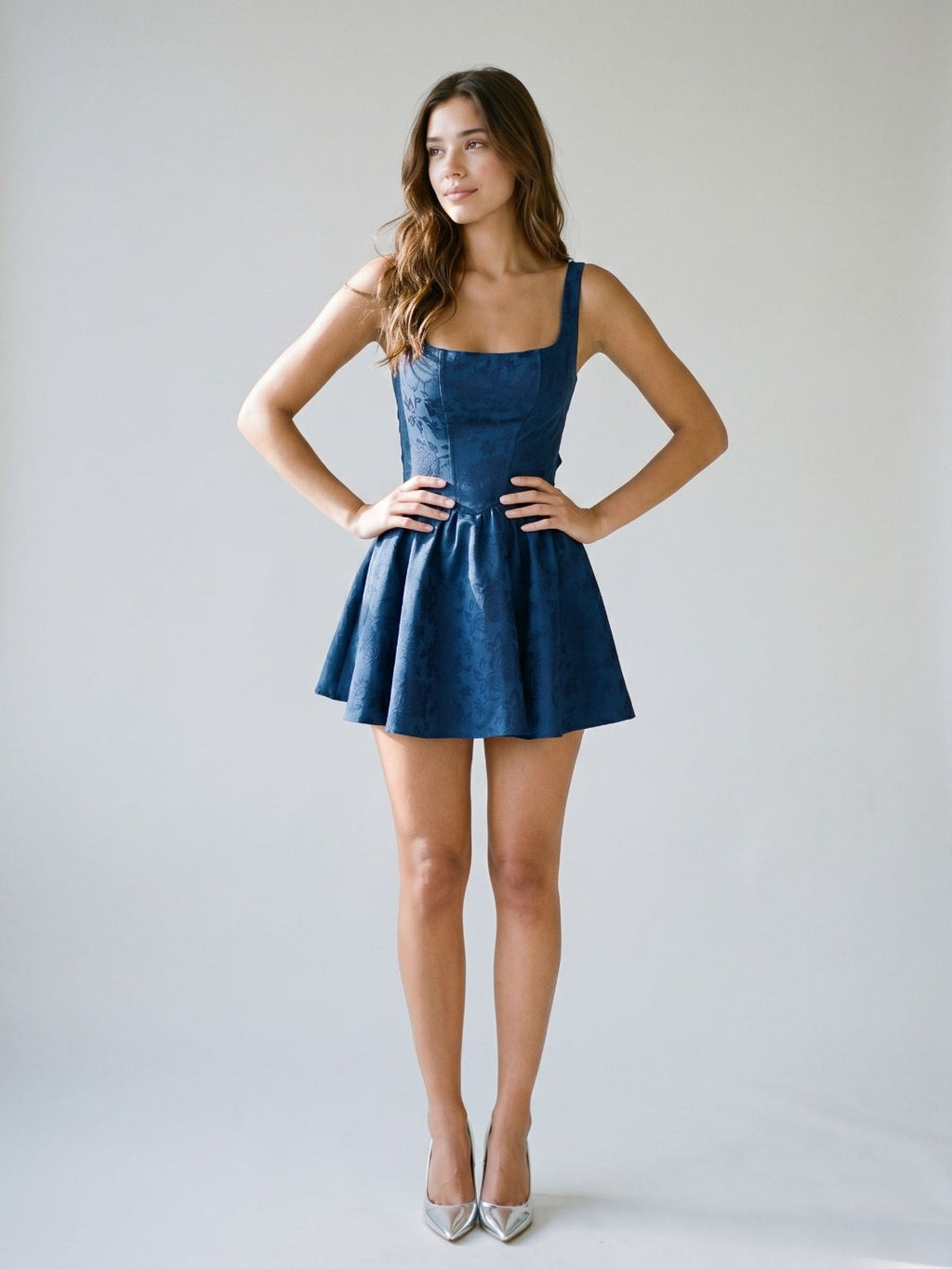 Navy Blue Jacquard A-Line Square Neck Backless Short Dress with Bow - Curvevia