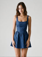 Navy Blue Jacquard A-Line Square Neck Backless Short Dress with Bow - Curvevia