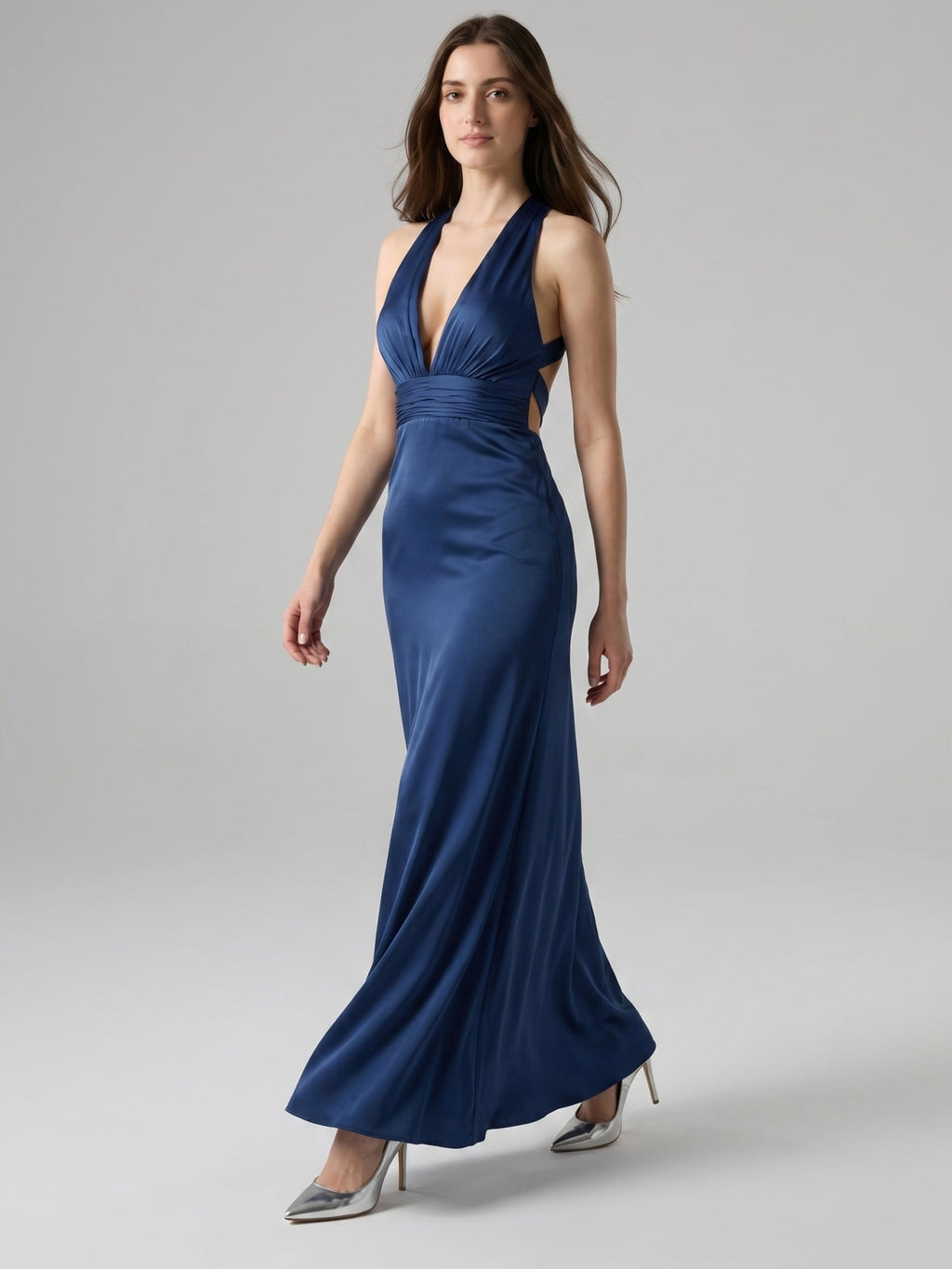 Navy Blue Matte Satin A-Line V-Neck Back Zip Floor-Length Bridesmaid Dress - Curvevia