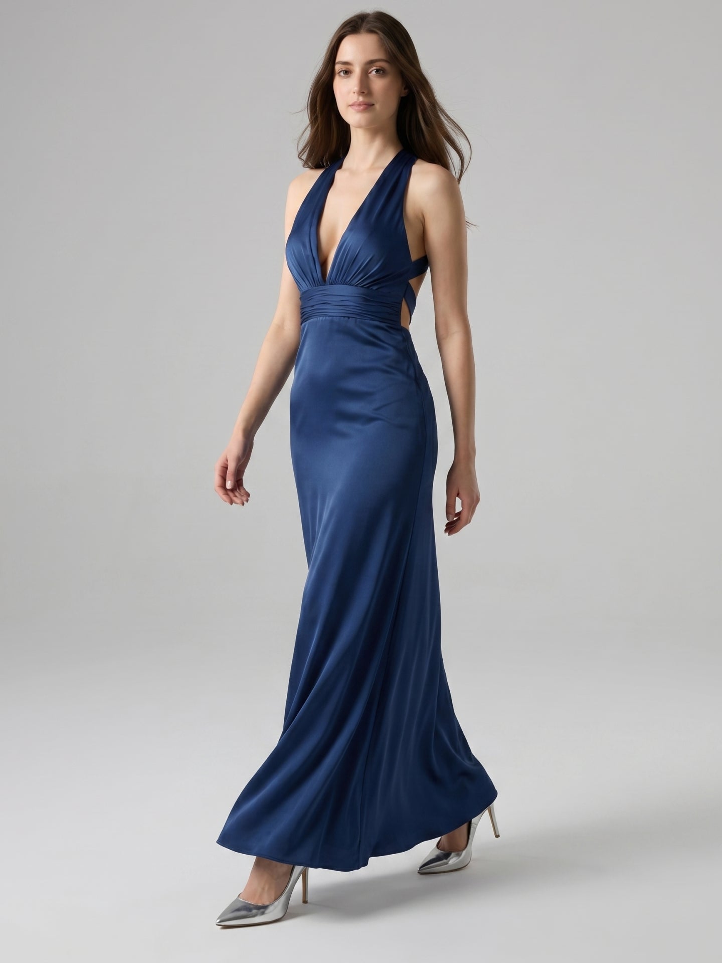 Navy Blue Matte Satin A-Line V-Neck Back Zip Floor-Length Bridesmaid Dress - Curvevia