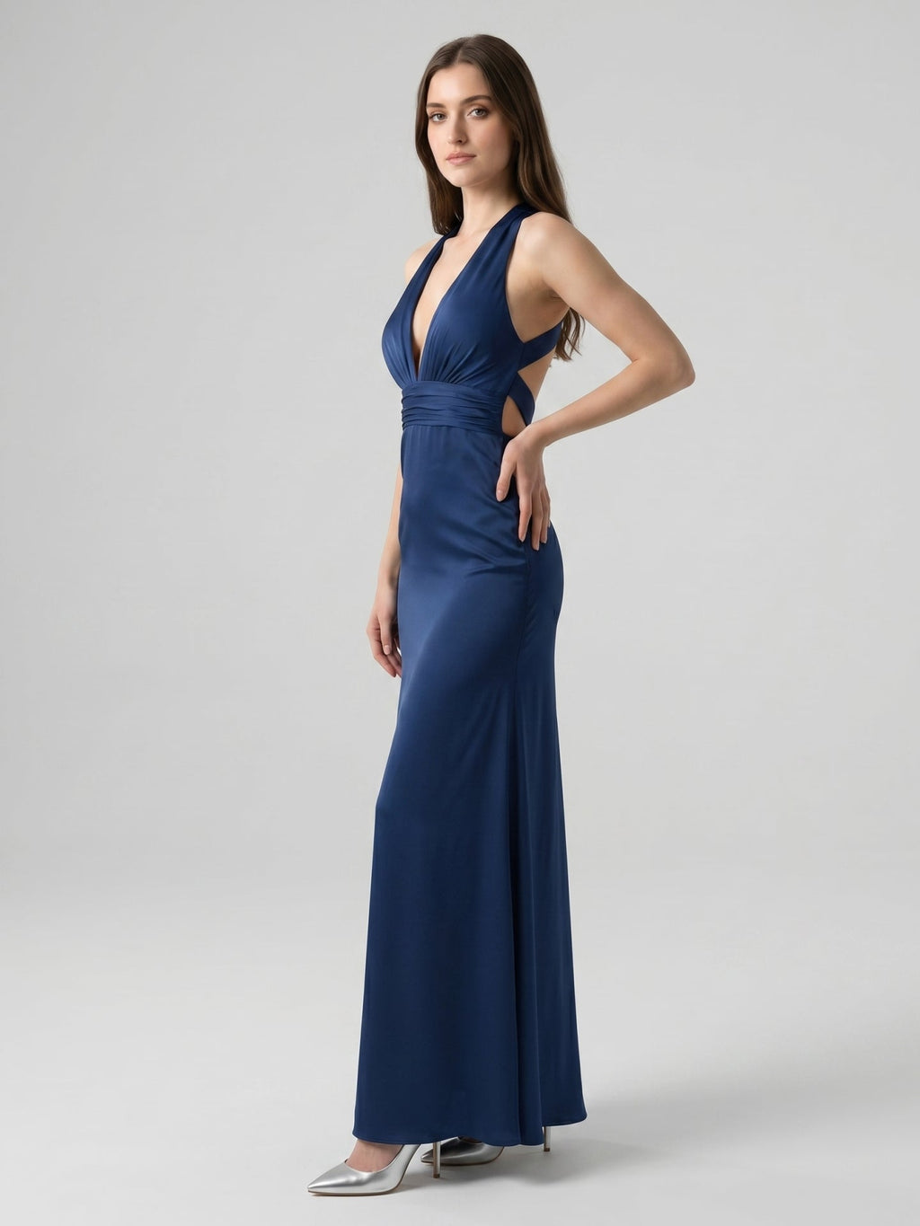 Navy Blue Matte Satin A-Line V-Neck Back Zip Floor-Length Bridesmaid Dress - Curvevia