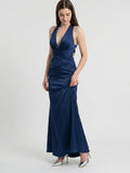 Navy Blue Matte Satin A-Line V-Neck Back Zip Floor-Length Bridesmaid Dress - Curvevia