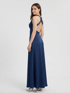 Navy Blue Matte Satin A-Line V-Neck Back Zip Floor-Length Bridesmaid Dress - Curvevia