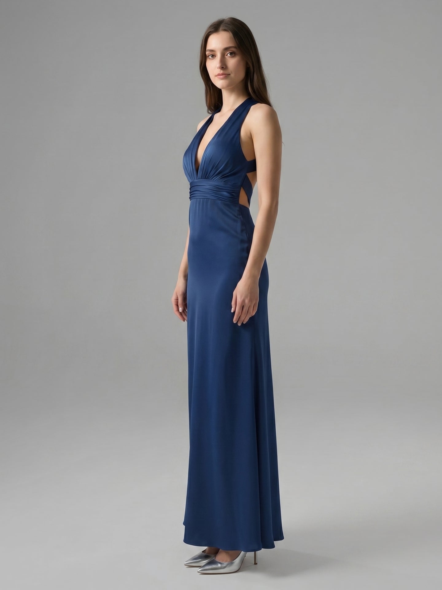 Navy Blue Matte Satin A-Line V-Neck Back Zip Floor-Length Bridesmaid Dress - Curvevia