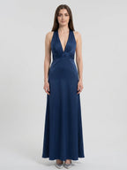 Navy Blue Matte Satin A-Line V-Neck Back Zip Floor-Length Bridesmaid Dress - Curvevia