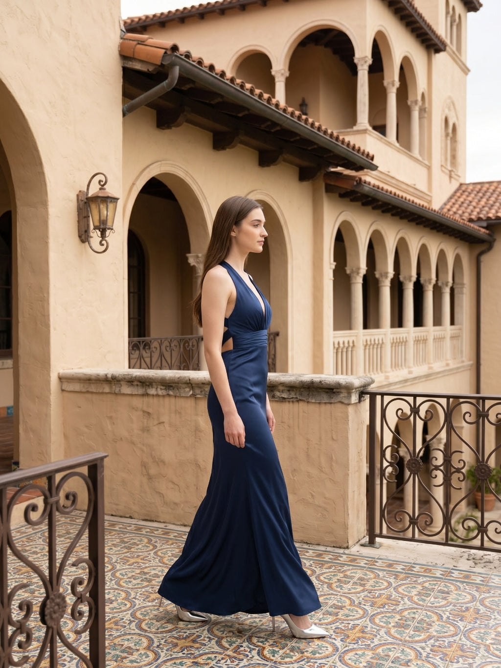 Navy Blue Matte Satin A-Line V-Neck Back Zip Floor-Length Bridesmaid Dress - Curvevia