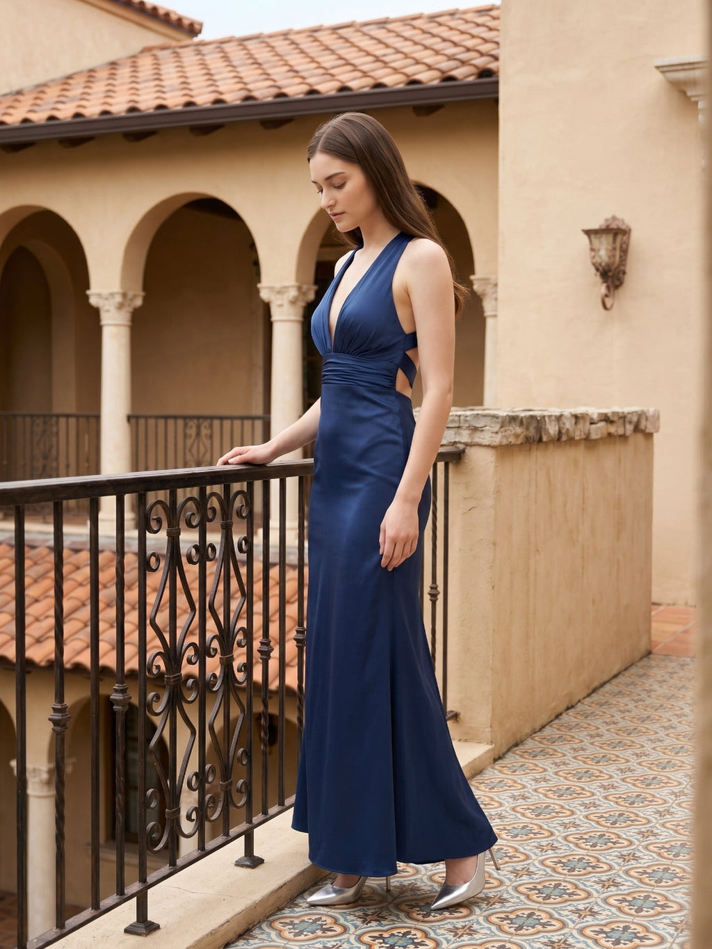 Navy Blue Matte Satin A-Line V-Neck Back Zip Floor-Length Bridesmaid Dress - Curvevia